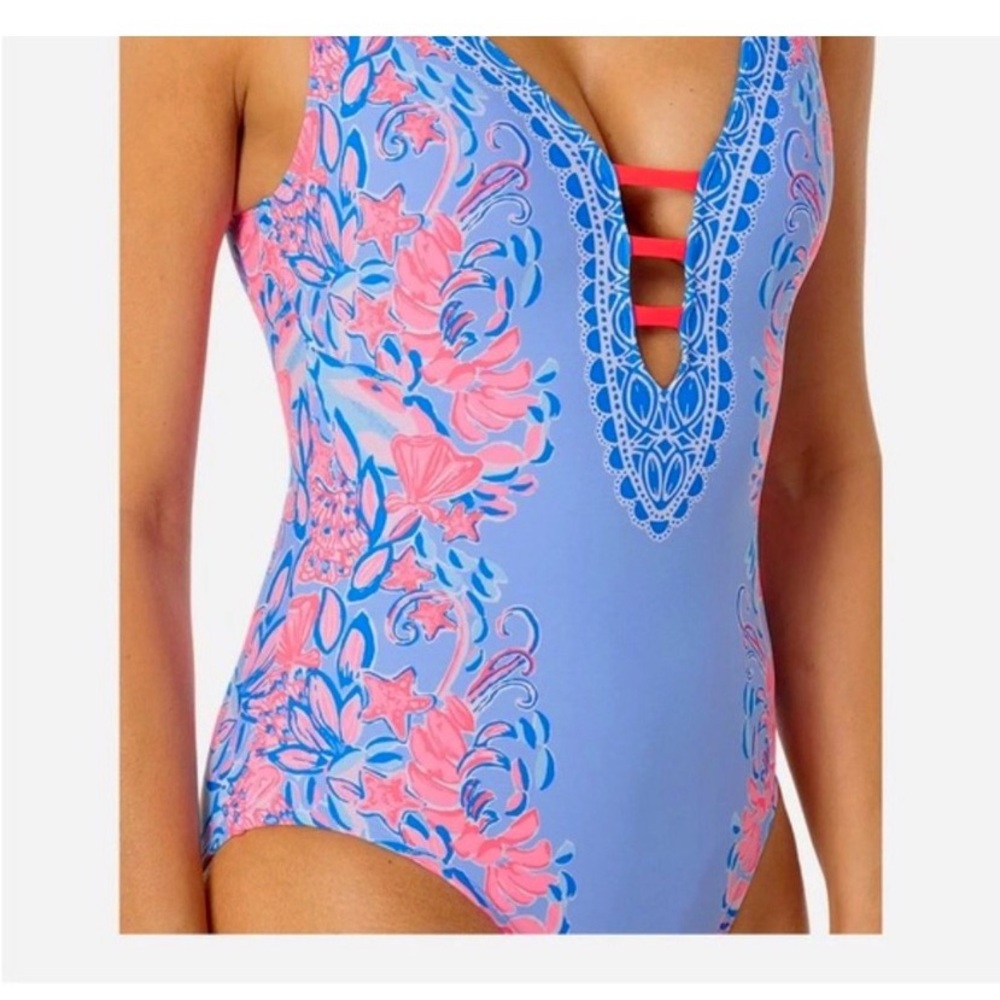 Lilly Pulitzer Jaspen Swimsuit Shrimply the Best Sz 14 Blue Peri Bathing Suit - Picture 3 of 8